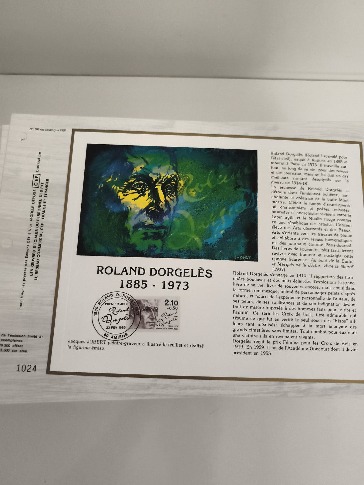 Feuillet CEF Roland Dorgelès 1885-1973 oblitération Premier Jour philatélie