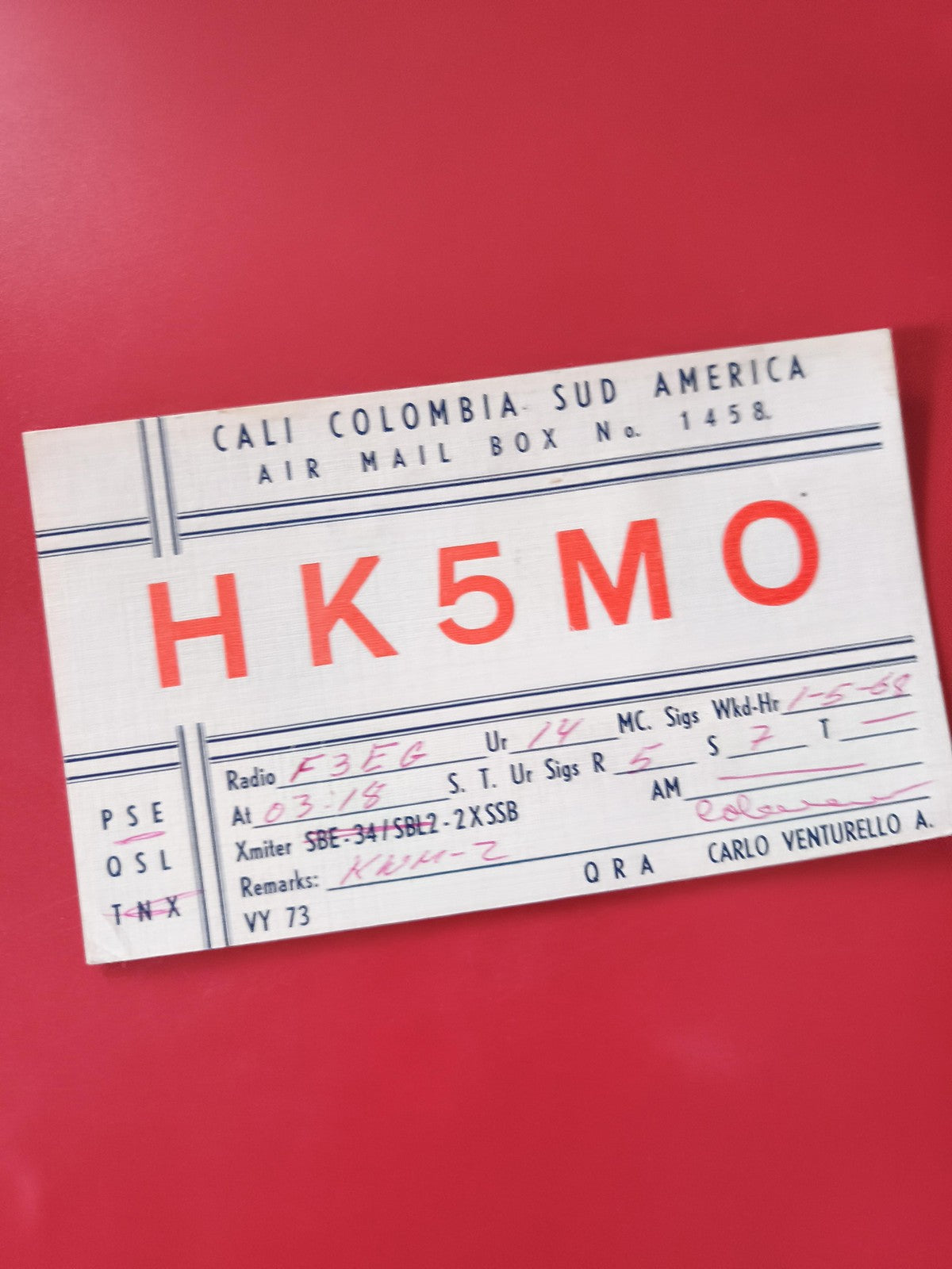 Carte radio QSL HK5MO Cali Colombie correspondance radioamateur rectangulaire