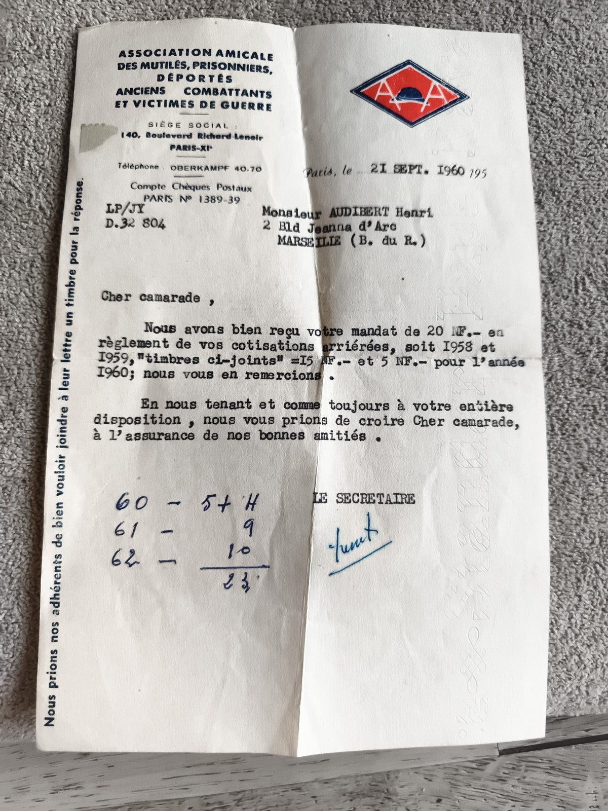 Lettre ancienne AAMPG Paris 1960 association anciens combattants guerre