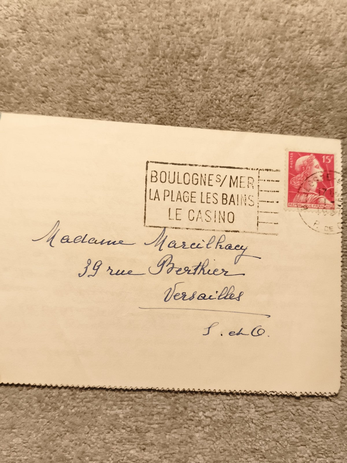 Lettre oblitérée Boulogne-sur-Mer 15c Marianne timbre rouge philatélie (Ref 27)