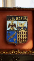 Broche blason Côte d’Azur vintage émaillée bronze héraldique écusson pins