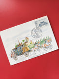 Carte postale philatélie timbre diligence Paris Lyon illustration chevaux