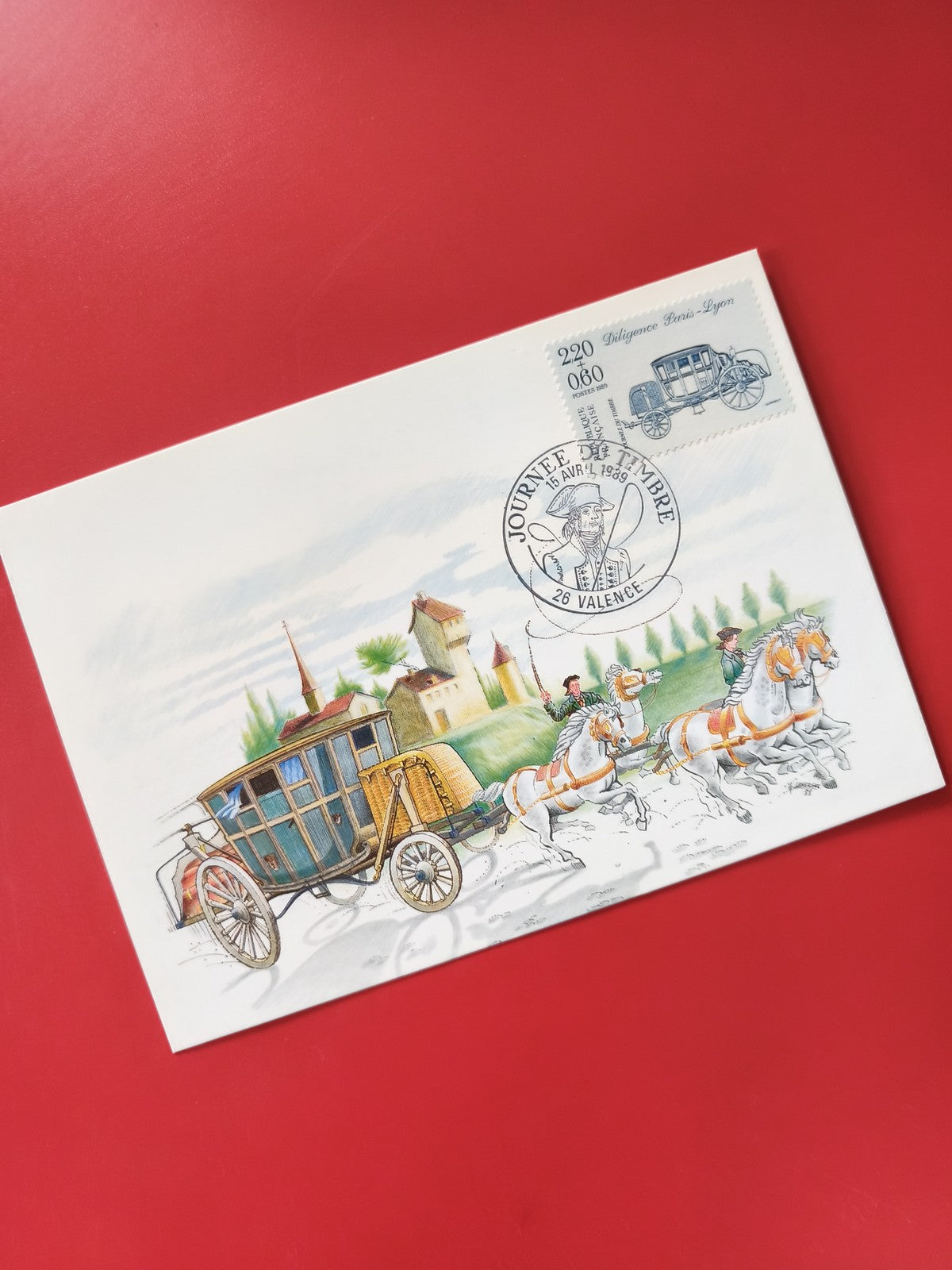 Carte postale philatélie timbre diligence Paris Lyon illustration chevaux