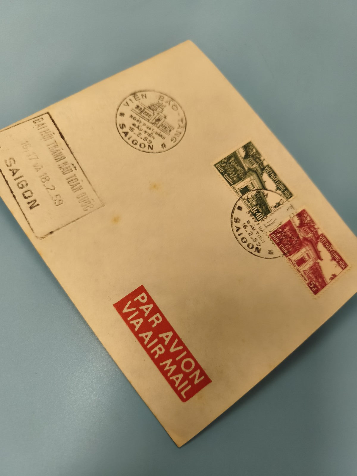 Ancienne enveloppe oblitérée Saigon timbres Indochine, philatélie collection