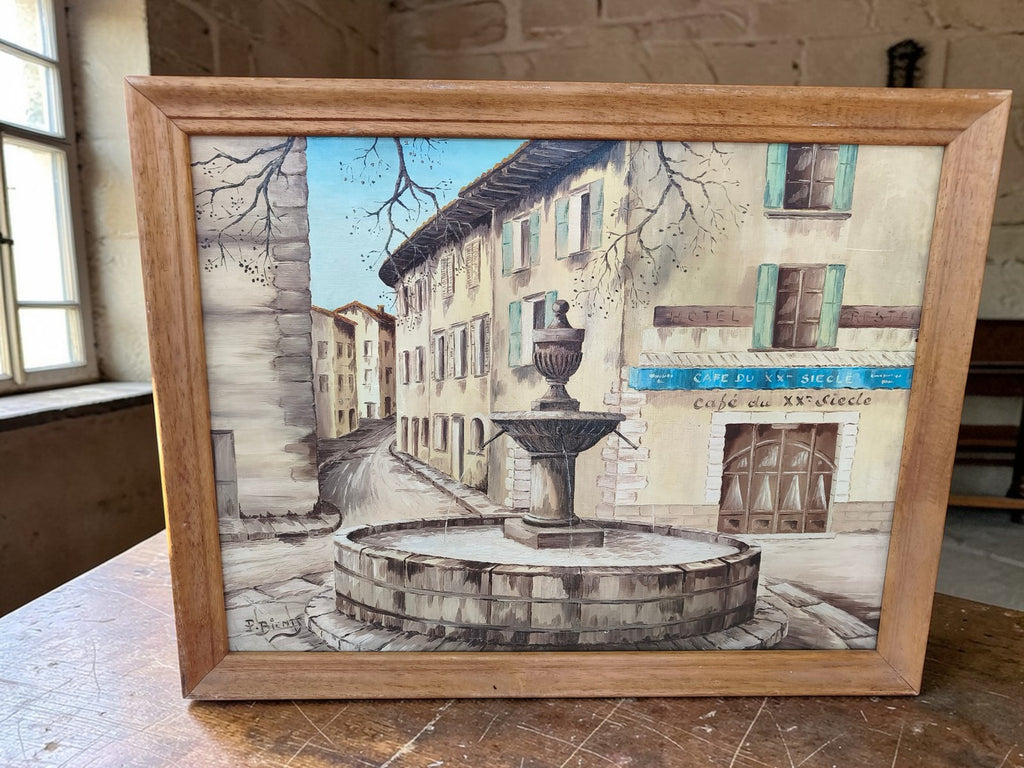 Tableau ancien vintage paysage village provençal grande peinture signée déco rét