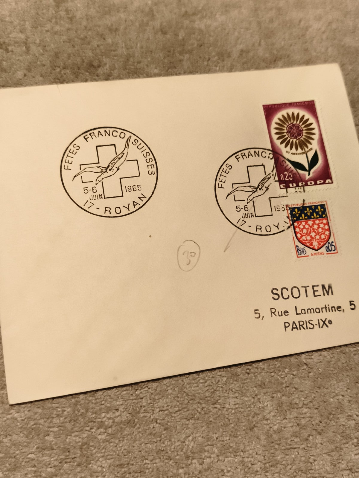 Lettre FDC Fêtes Franco Suisses 1965 Royan timbres Europa SCOTEM Philatélie