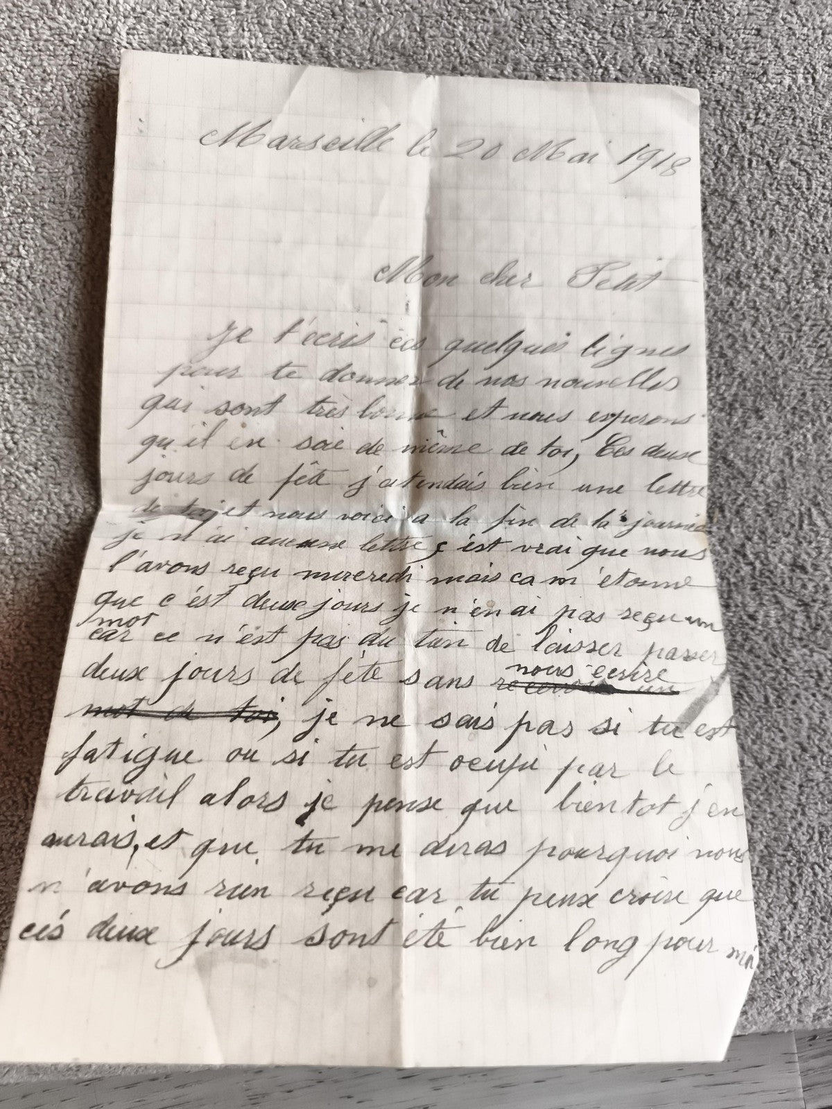 Lettre manuscrite ancienne 1918 Marseille WW1 Première Guerre mondiale document