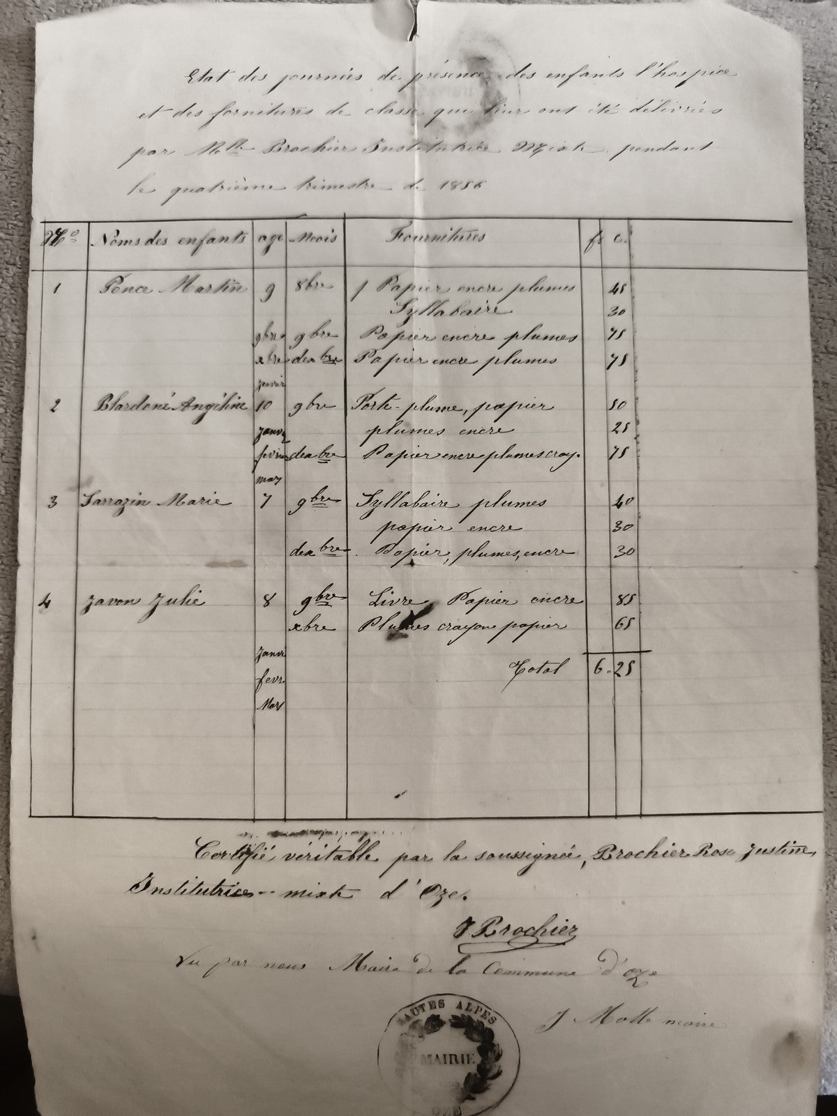 Document ancien manuscrit 1858 liste fournitures scolaires Oze Hautes-Alpes