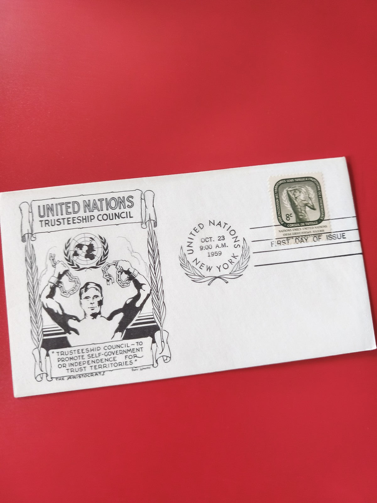 Enveloppe philatélie ONU Trusteeship Council 8c, cachet New York, dessin noir et