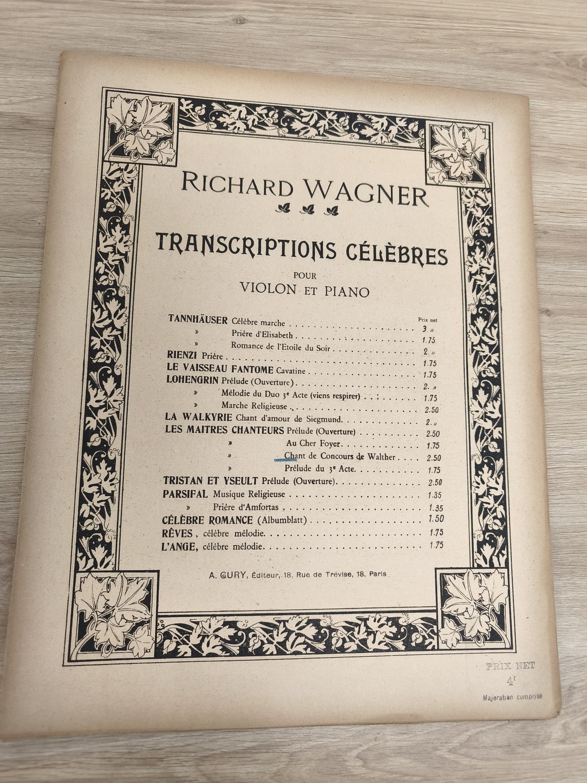 Ancien livre partitions violon piano Wagner Transcriptions célèbres déco vintage