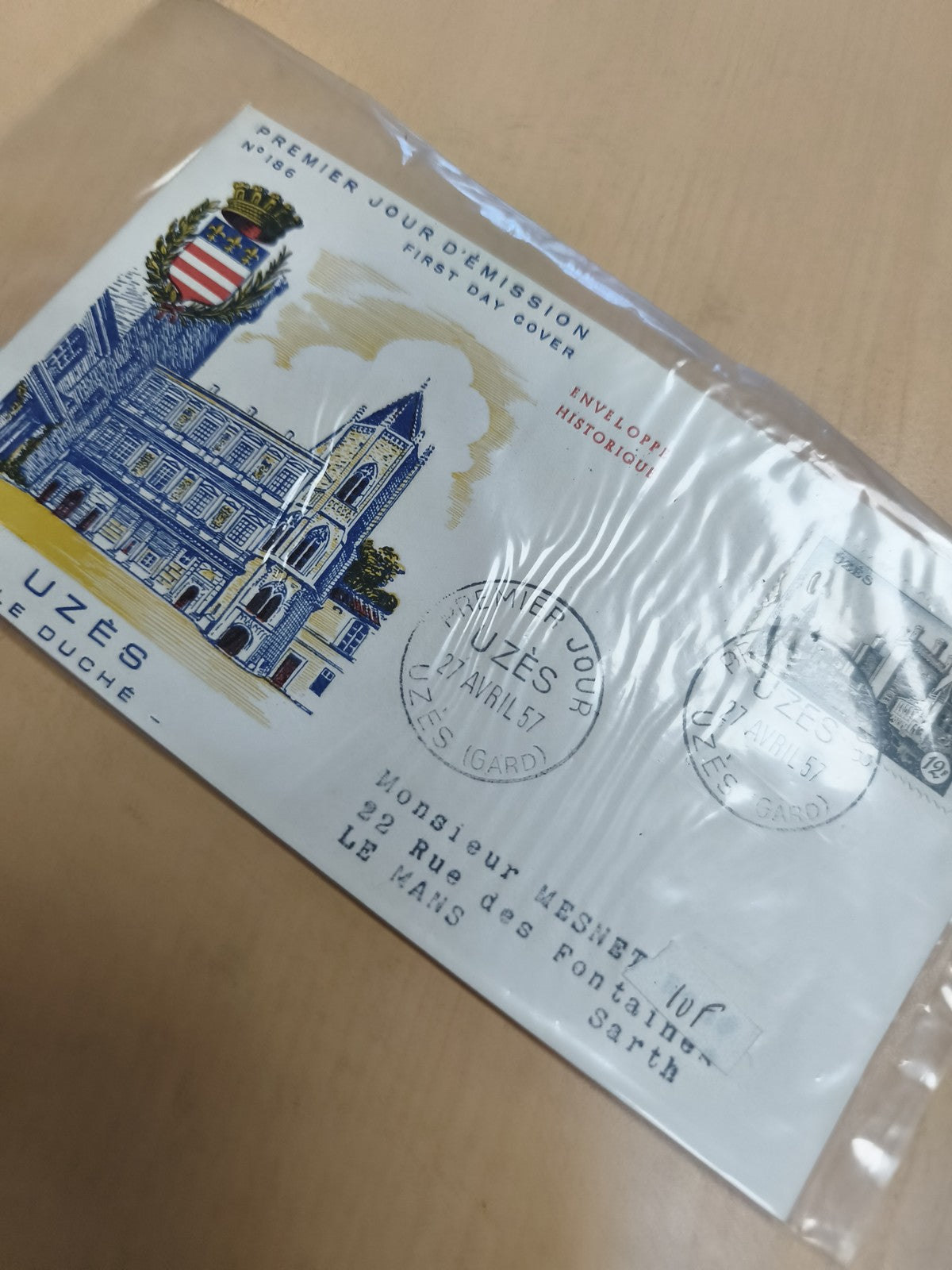 Enveloppe Premier Jour Uzès 1957 illustration blason philatélie FDC