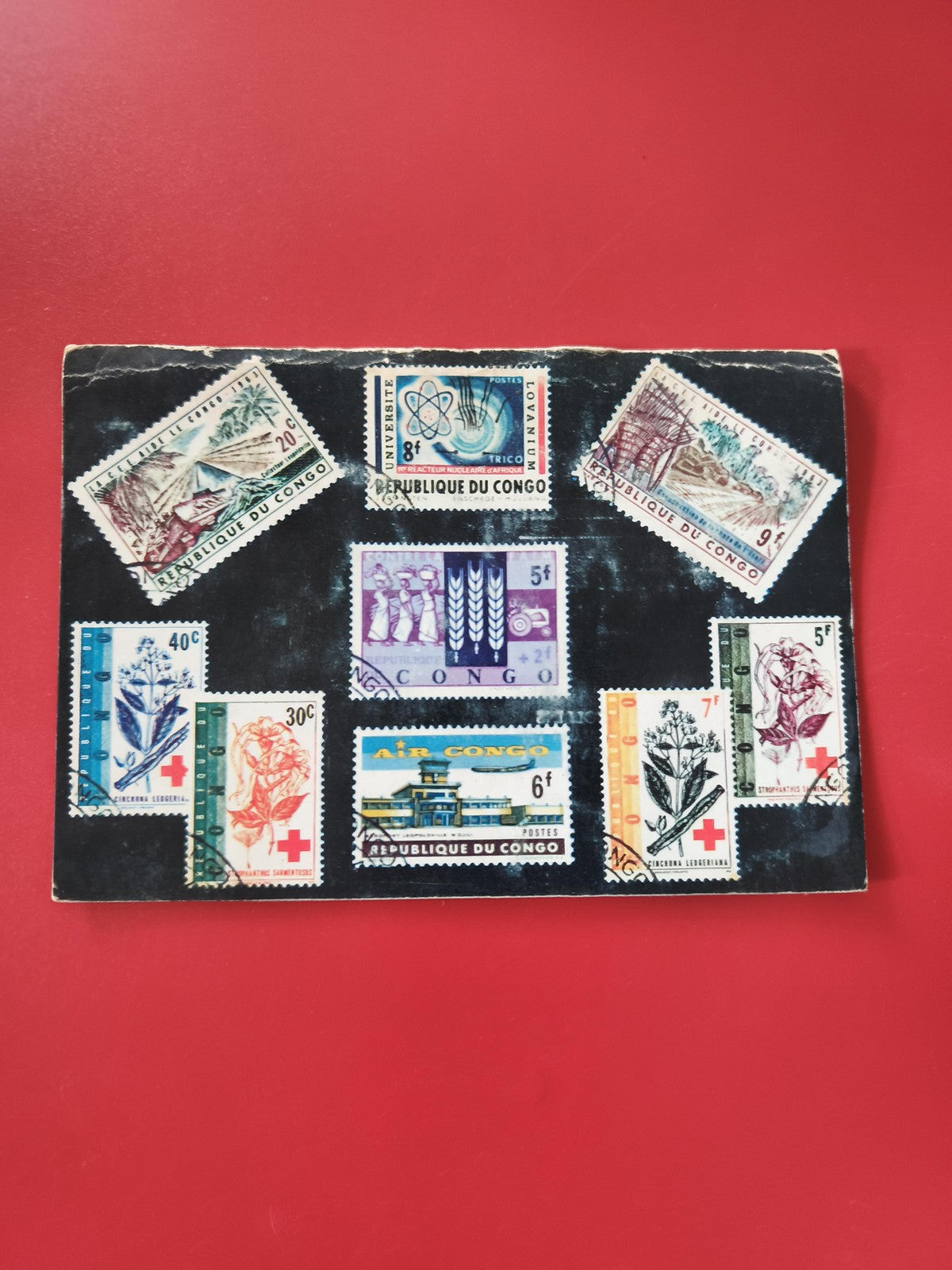 Carte affranchie timbres République du Congo thématique divers sur fond noir
