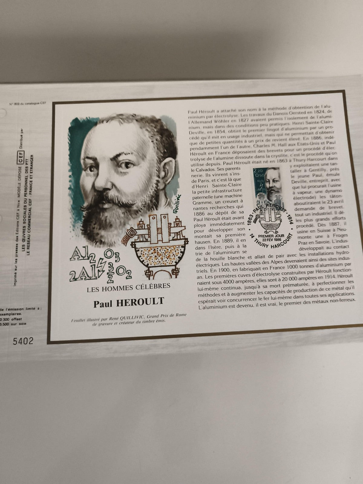 Feuillet CEF Paul Héroult philatélie Les Hommes Célèbres timbre Premier Jour