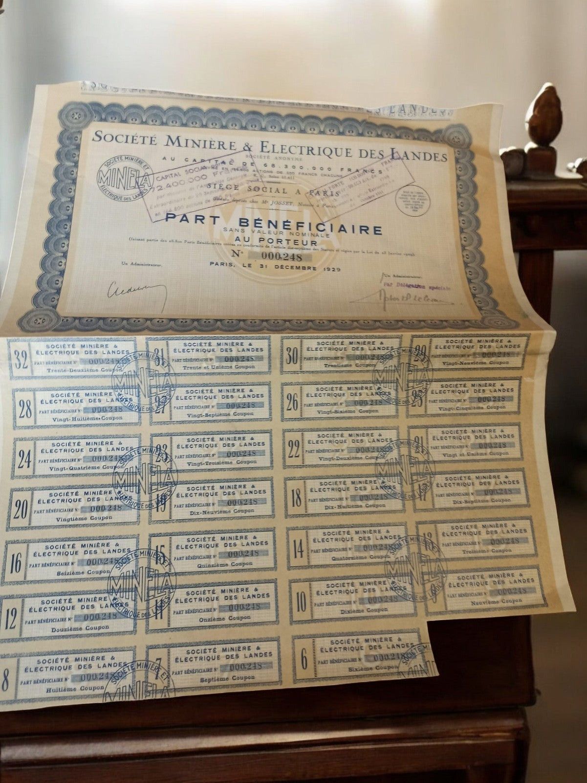 Action ancienne Société Minière Électrique Landes 1929 part bénéficiaire vintage