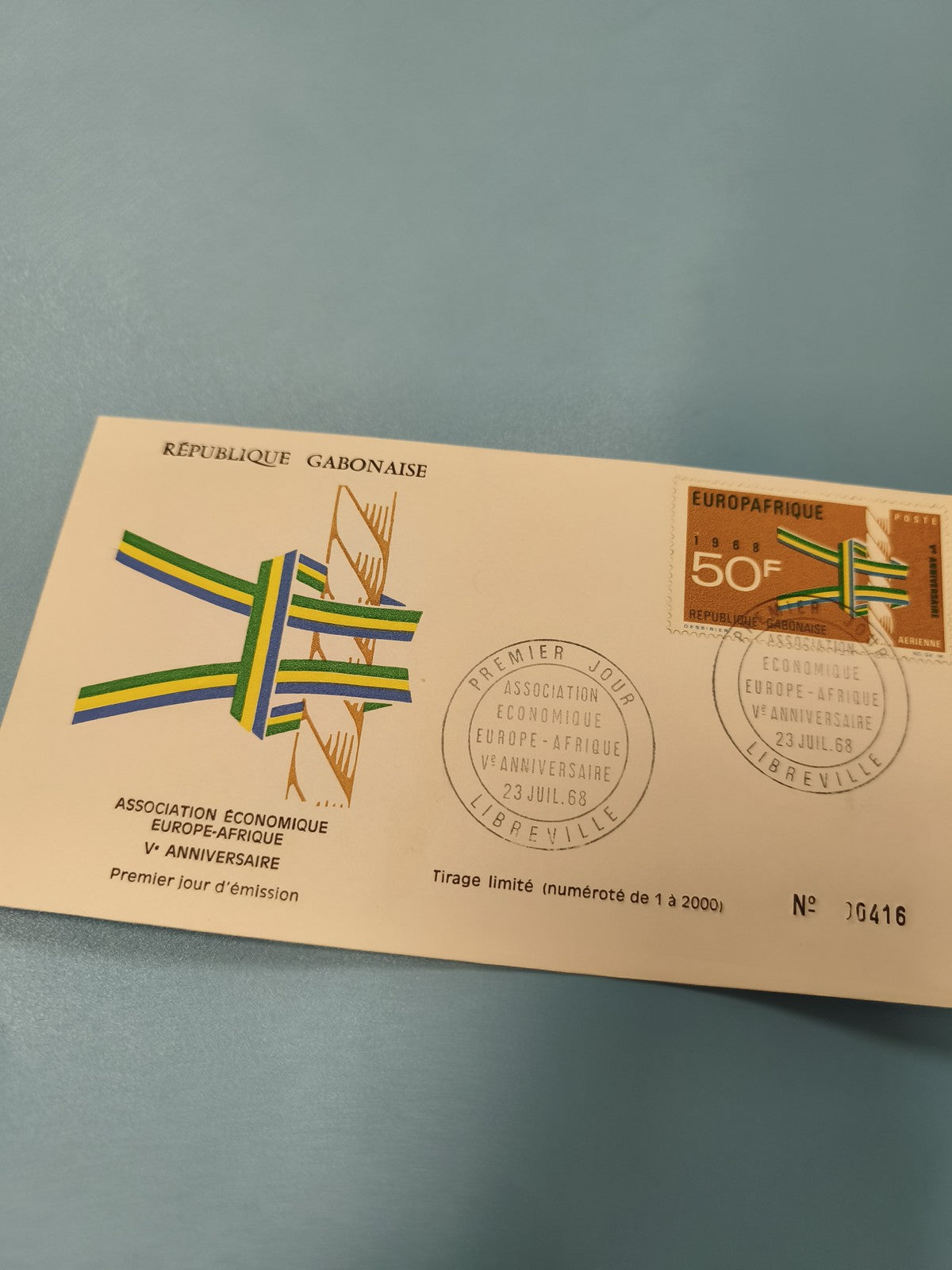 Enveloppe FDC Gabon 1968 Timbre 50F Europe-Afrique 5e anniversaire numérotée