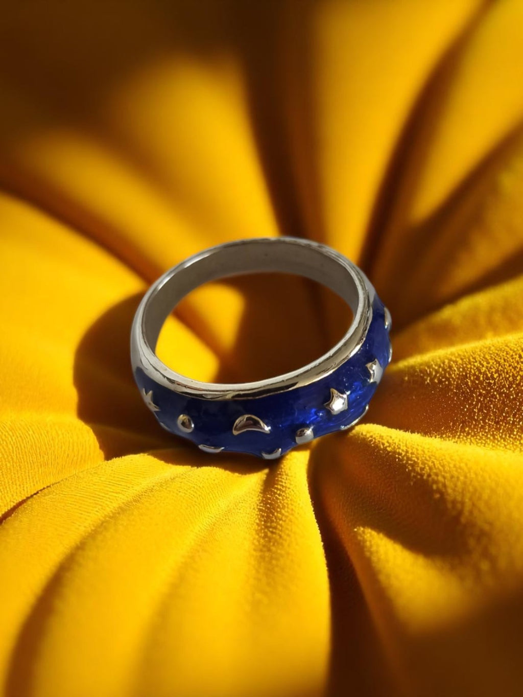 Bague vintage bleu nuit motif étoiles lune émail, anneau rétro taille 60
