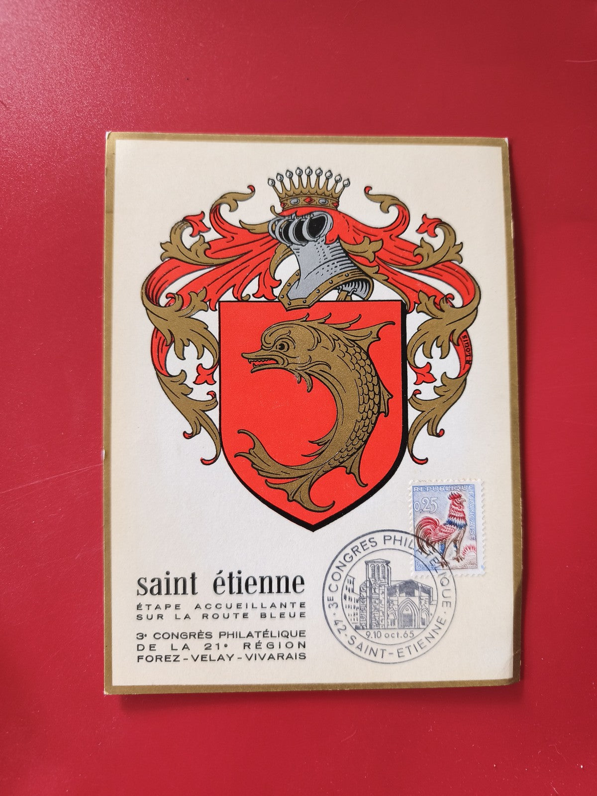 Carte postale philatélie Saint-Étienne blason écusson 3e congrès timbre 1965