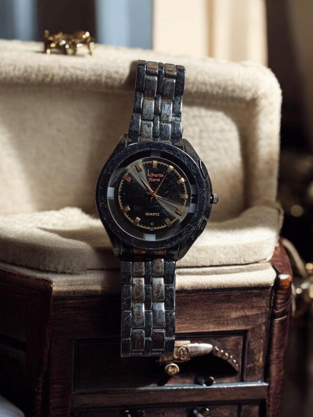 Montre vintage Alberto Zioro quartz noir – Pour pièces, vitre absente, bracelet