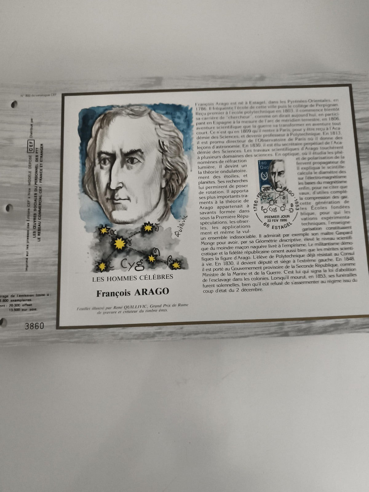 Feuillet philatélique CEF François Arago timbre 1986 Les Hommes Célèbres