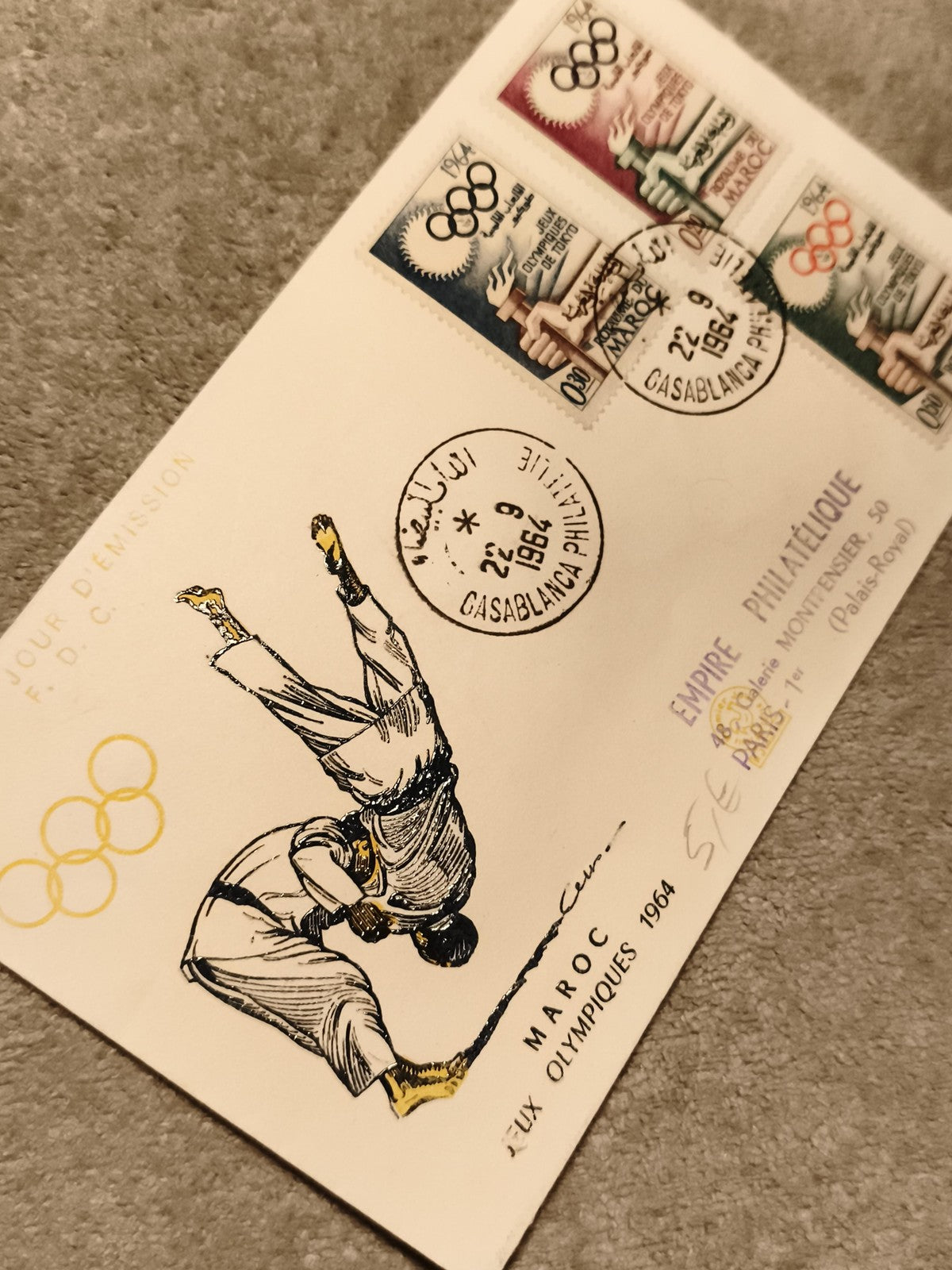 Lettre premier jour Maroc JO 1964 Judo timbres olympiques Casablanca philatélie