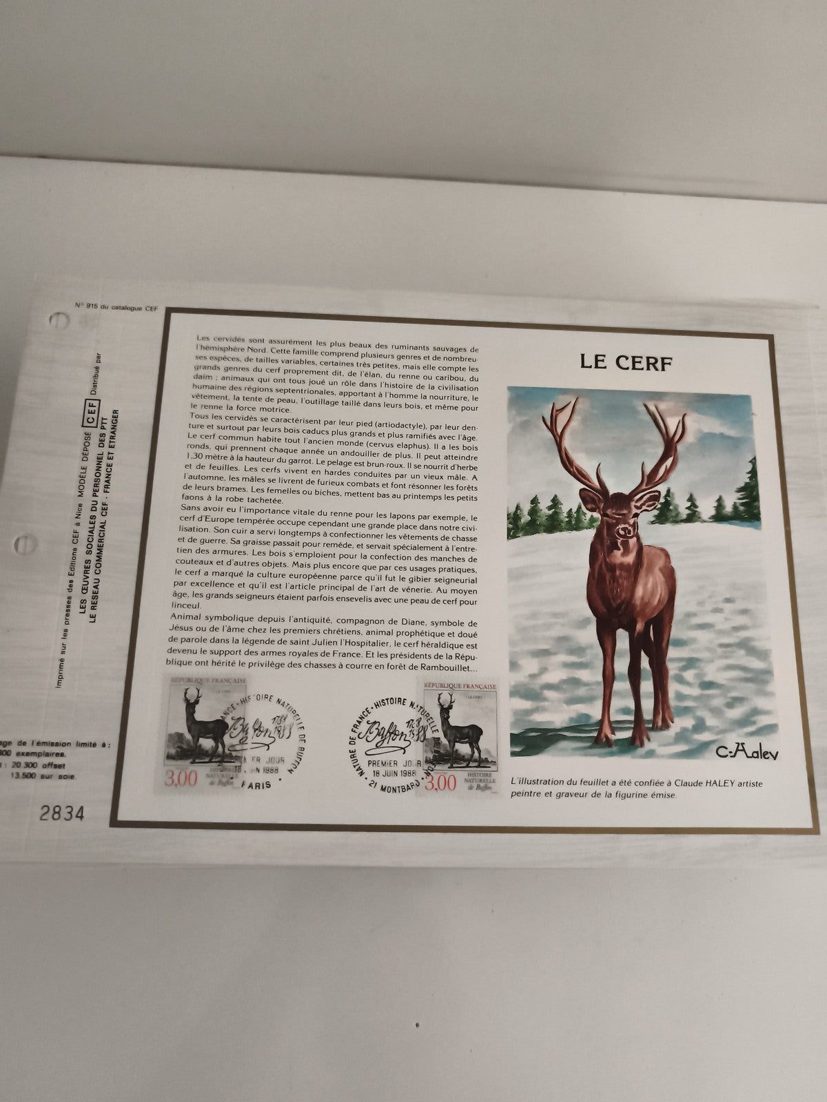 Feuillet philatélique CEF Le Cerf timbres 3,00 F France Claude Haley