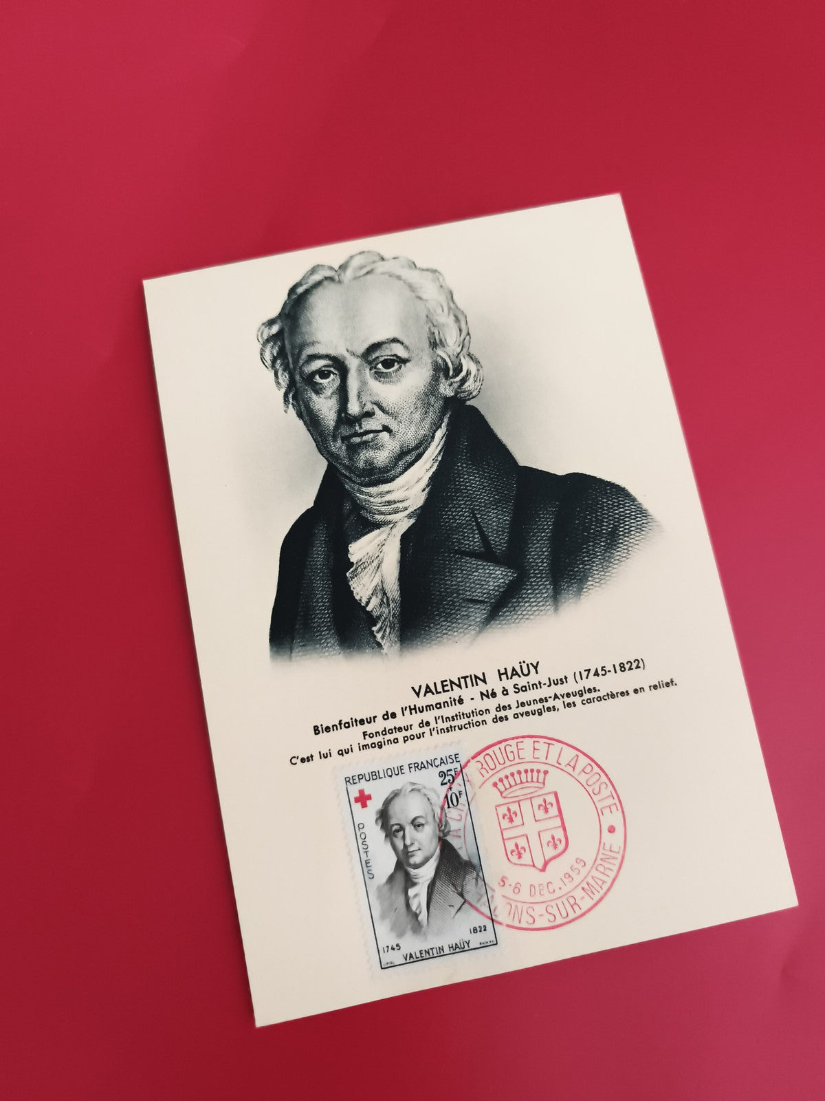 Carte maximum Valentin Haüy timbre 25F Croix Rouge France philatélie (Ref 1)