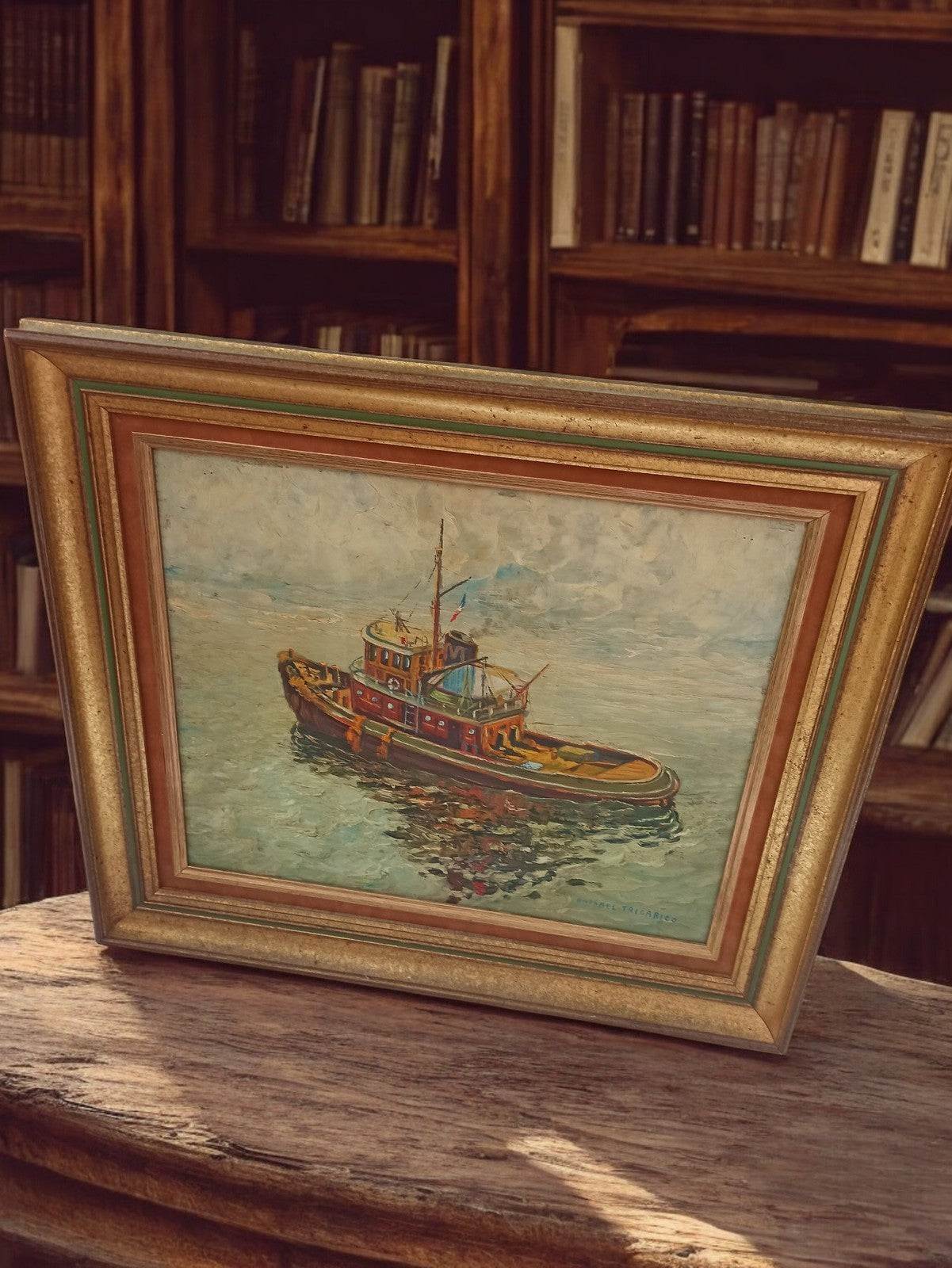 Tableau ancien bateau signé Raphael Tricarico peinture vintage marine cadre doré