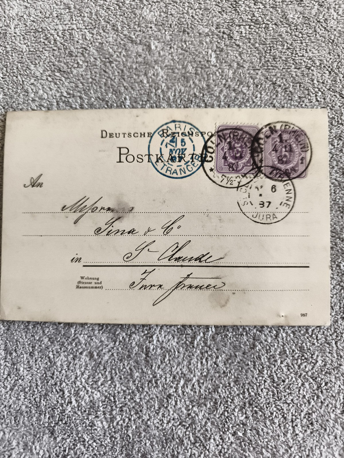 CPA allemande affranchie timbres violets 5 Pfennig cachet Paris 1897