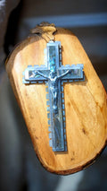 Croix religieuse vintage nacre et bois, Christ métal, style ancien, signée