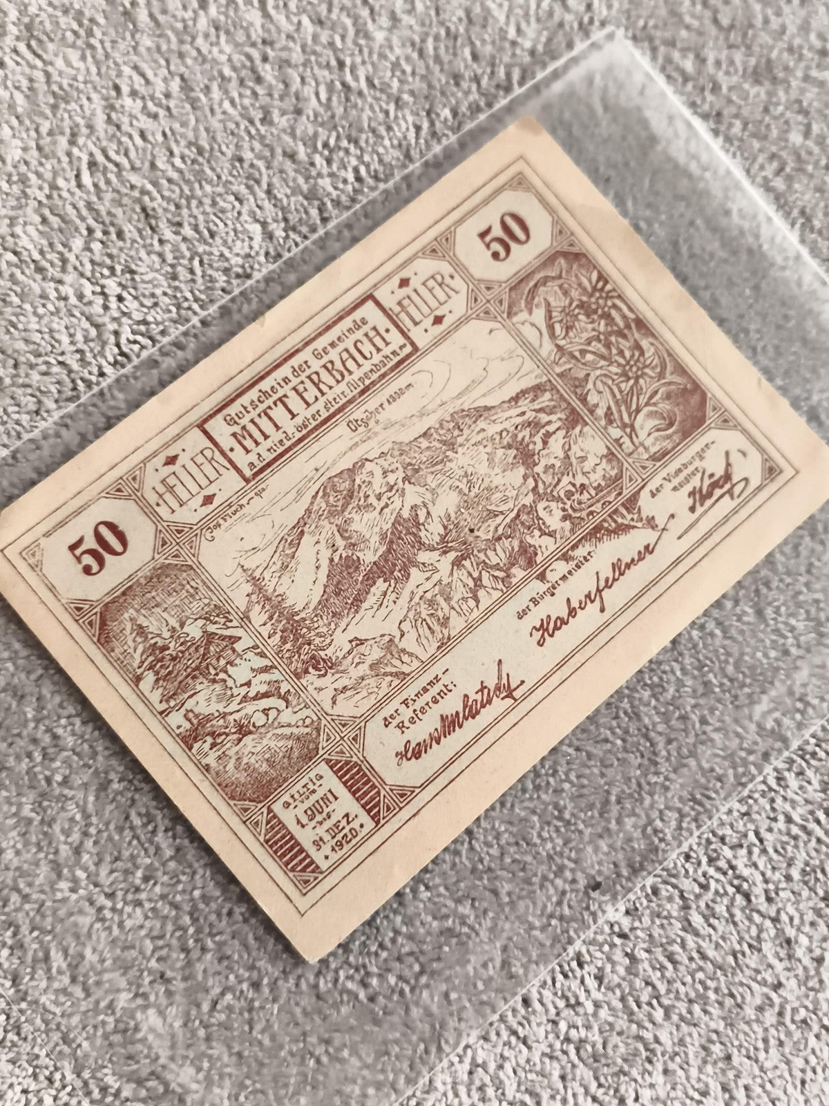 Billet ancien 50 Heller Mitterbach 1920 Autriche Notgeld paysage vintage
