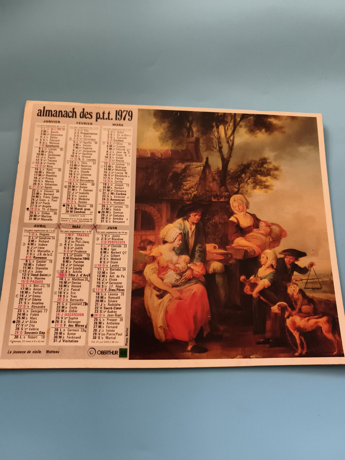 Almanach PTT 1979 Oberthur calendrier mural illustration Watteau