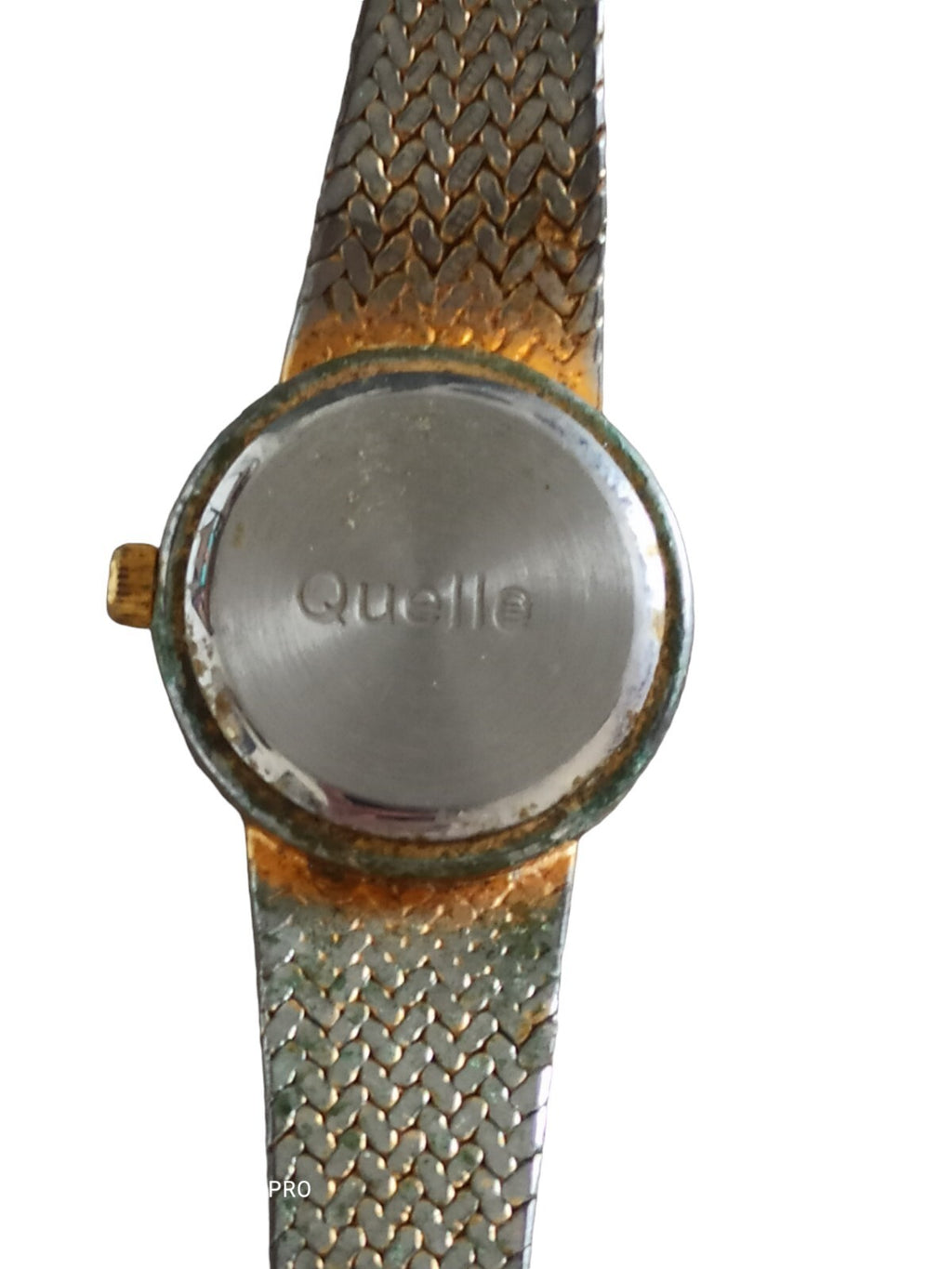 Montre vintage Laura Mérosi femme, cadran doré strass, bracelet maille métal