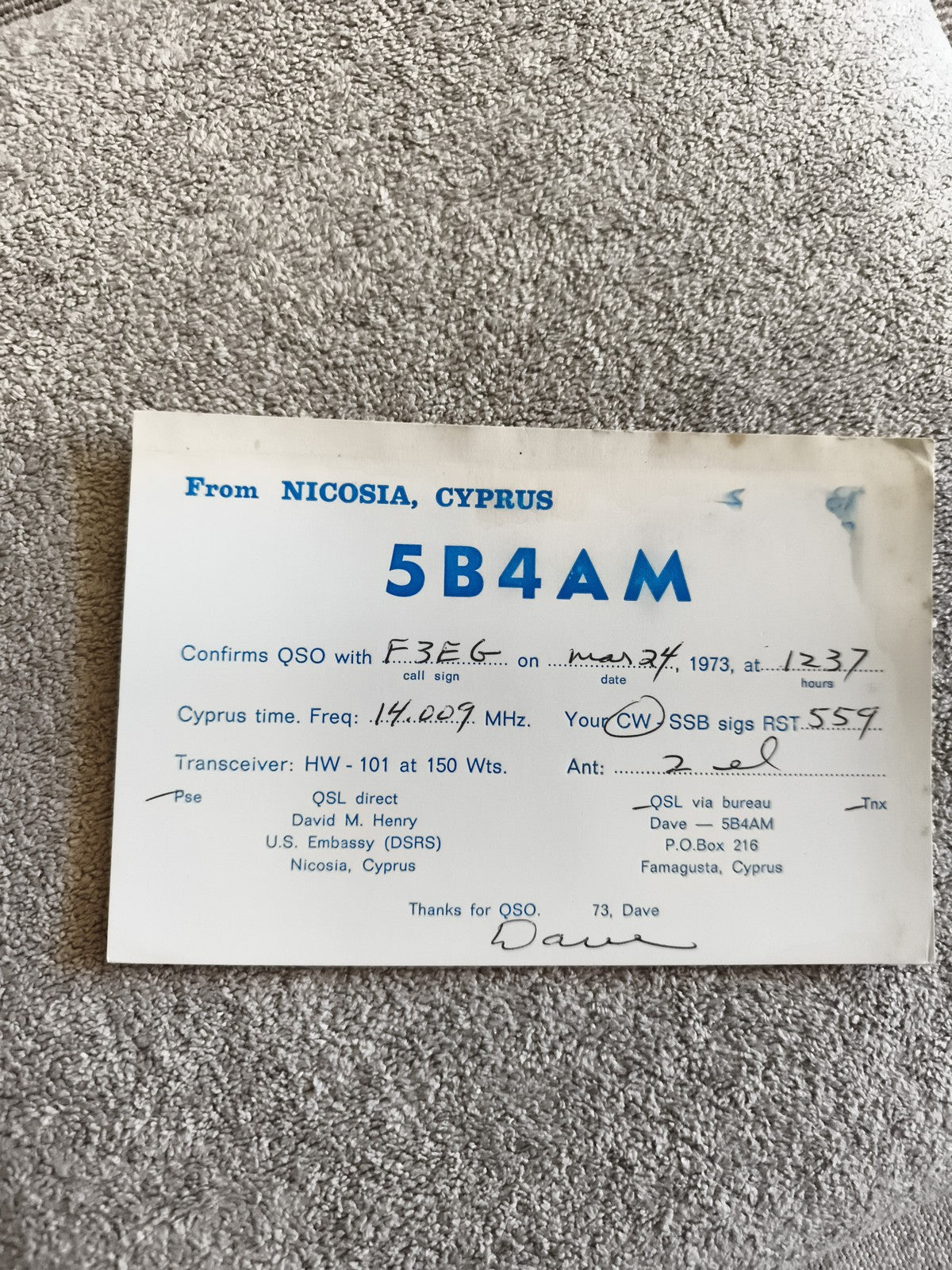 Carte QSL radio ancienne Chypre 5B4AM Nicosia 1973 CW SSB QSO vintage