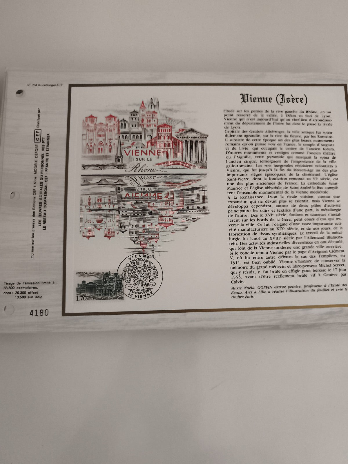 Feuillet philatélique CEF Vienne Isère timbre 1,70 F illustration ville Rhône