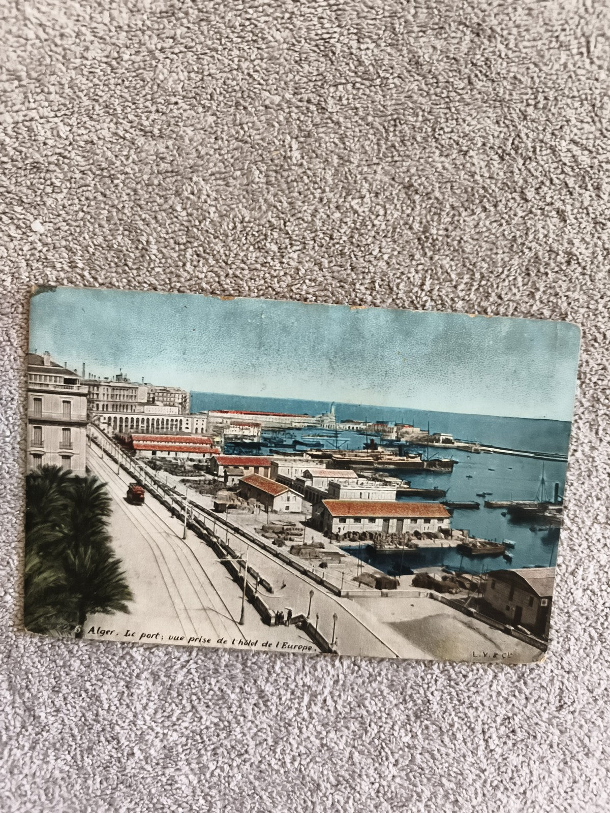 CPA Alger le port vue Hôtel de l'Europe tramway colorisée début XXe