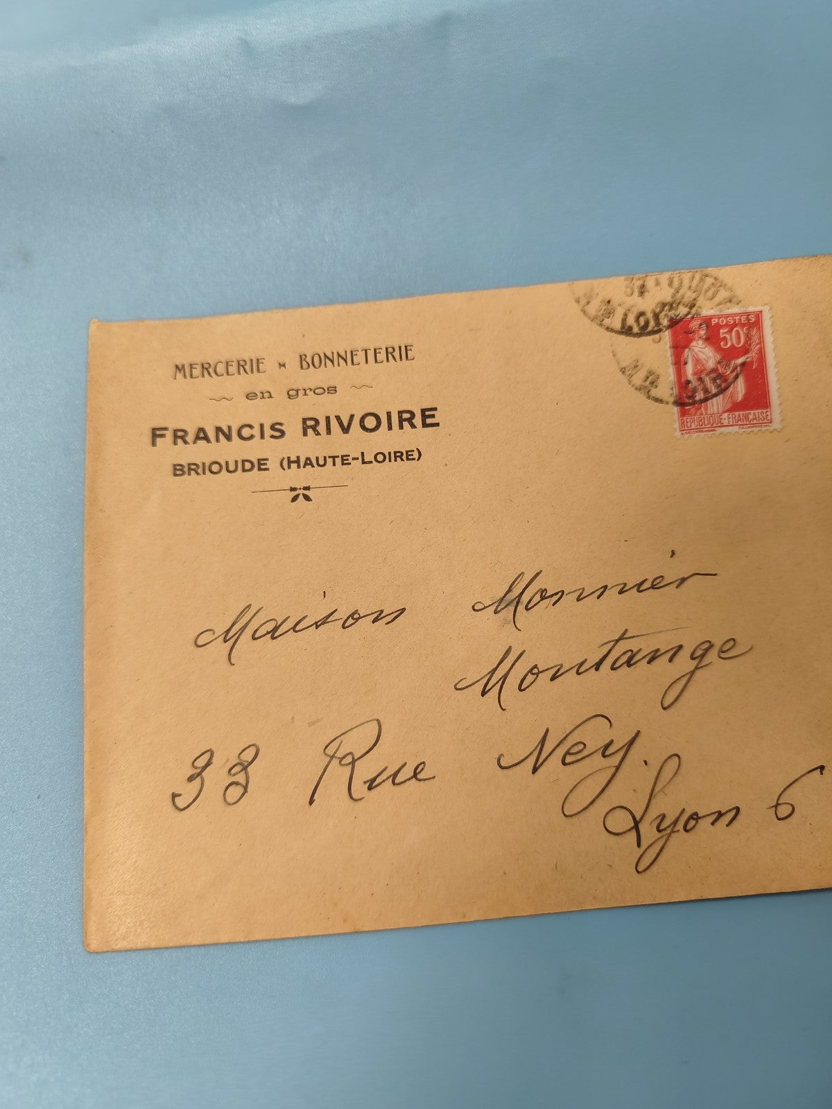 Ancienne enveloppe oblitérée début XXe philatélie Lyon timbre 50c rouge