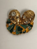 Broche ancienne masques dorés émaillés strass théâtre vintage costume