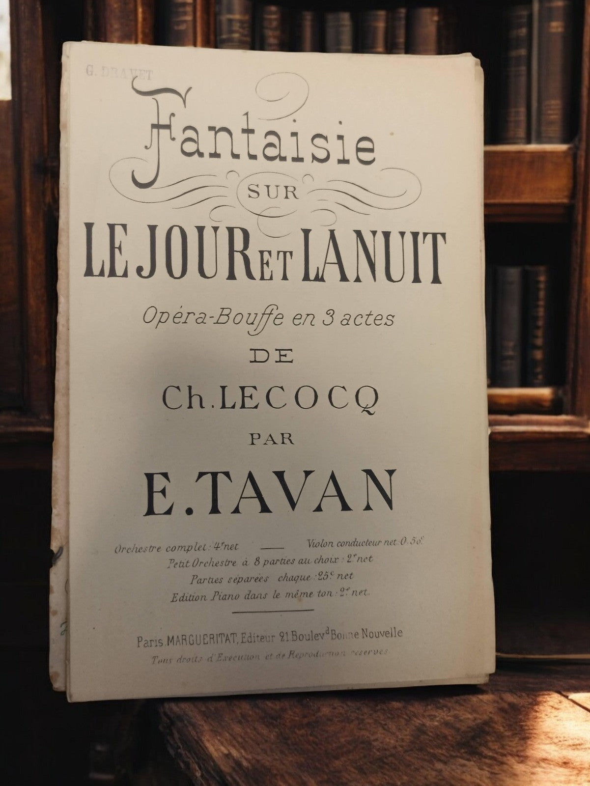 Partition ancienne Fantaisie sur le Jour et la Nuit Ch. Lecocq E. Tavan Opéra-Bo