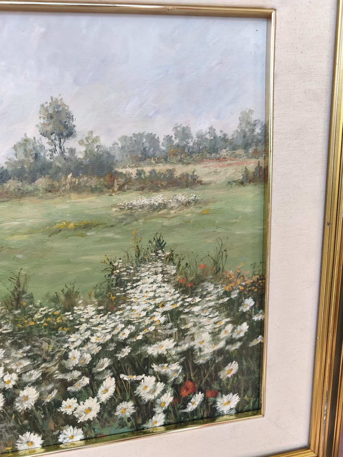 Grand tableau vintage paysage fleuri marguerites signé André Le Mignon ancien ra