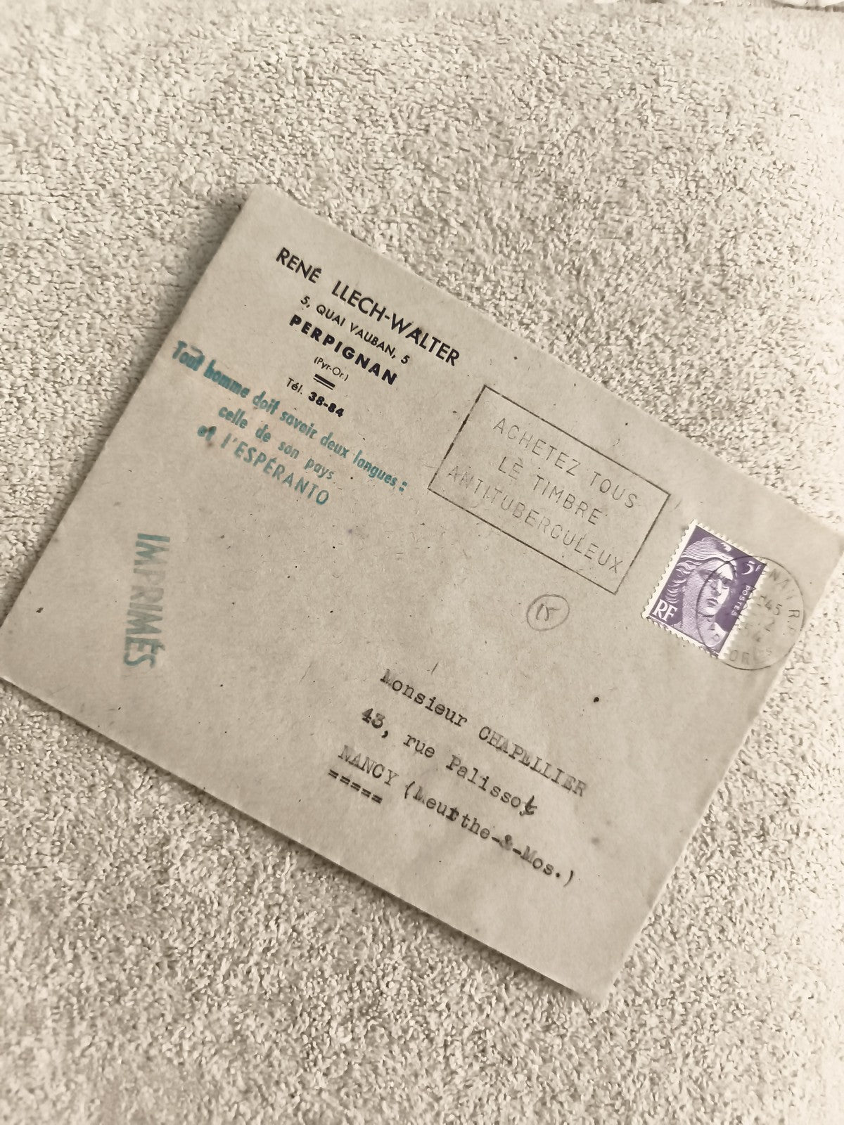 Lettre ancienne timbre RF Marianne Perpignan Nancy philatélie postal
