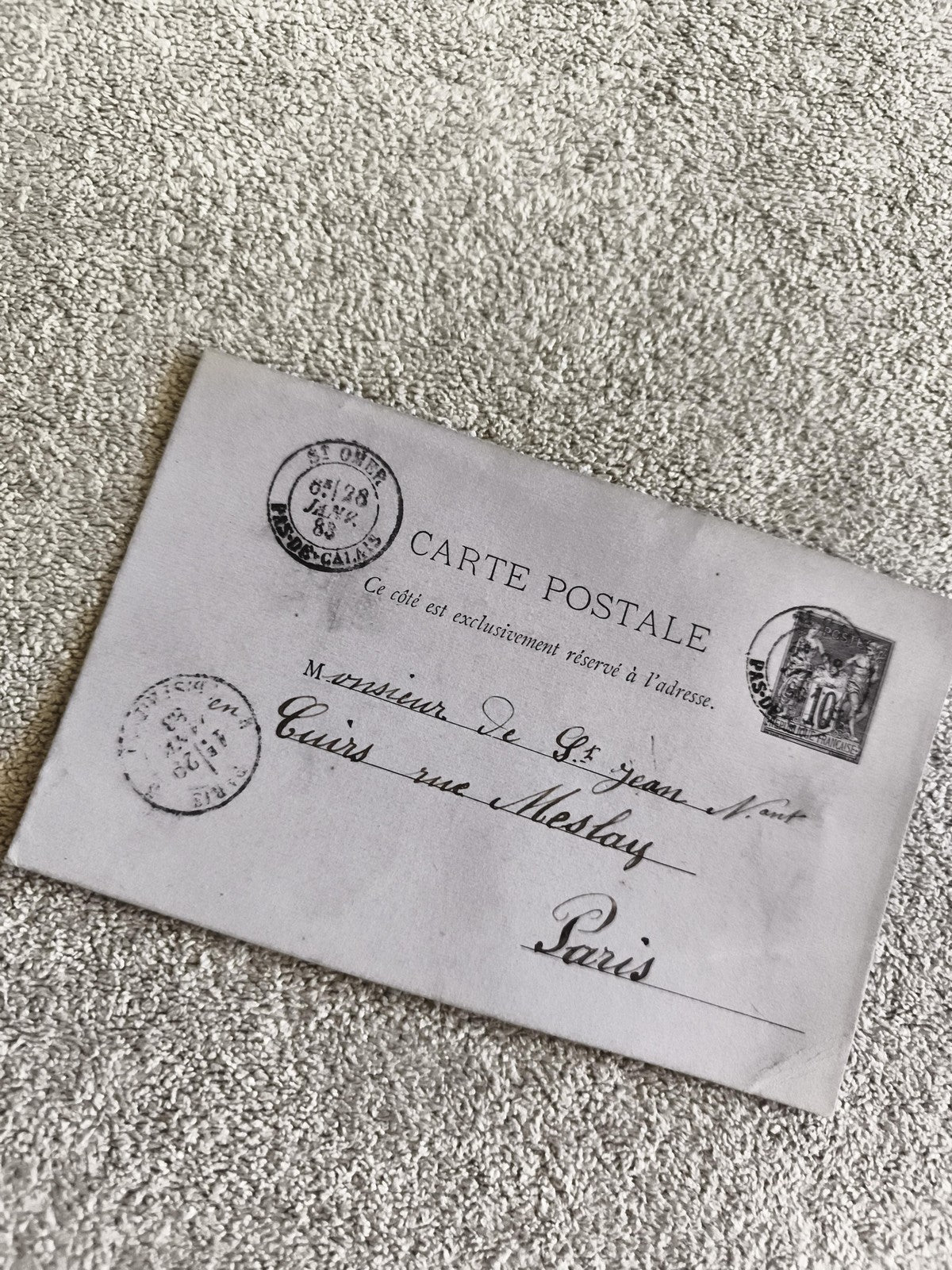 Carte postale timbrée France 19e siècle Calais Paris philatélie