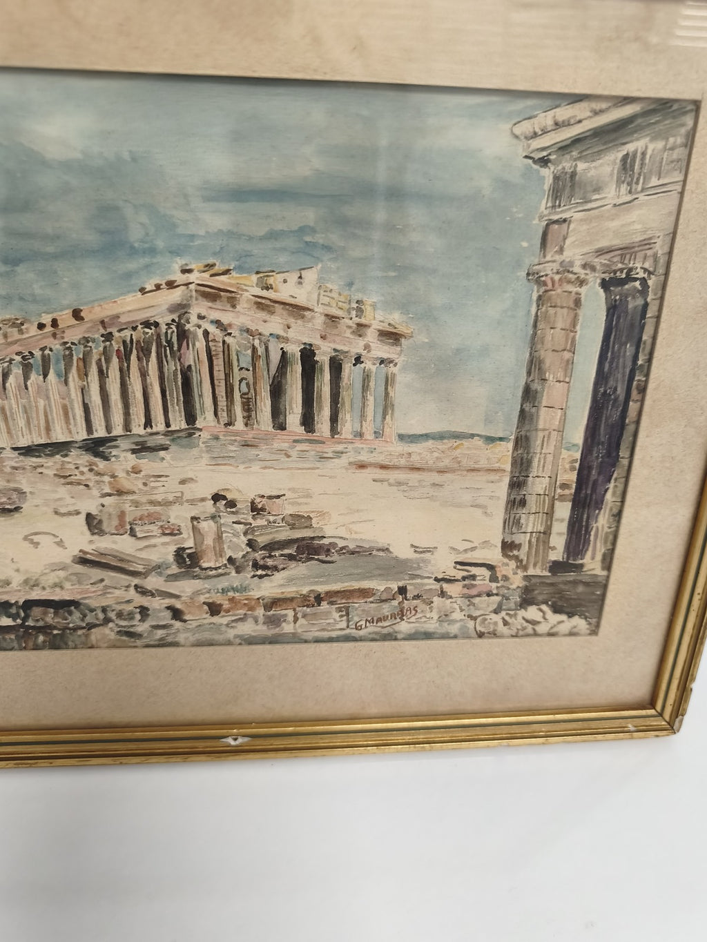 Tableau ancien aquarelle ruines grecques signé Maurras cadre doré vintage