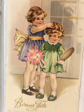 Carte postale ancienne Bonne Fête illustrée enfants fleurs vintage