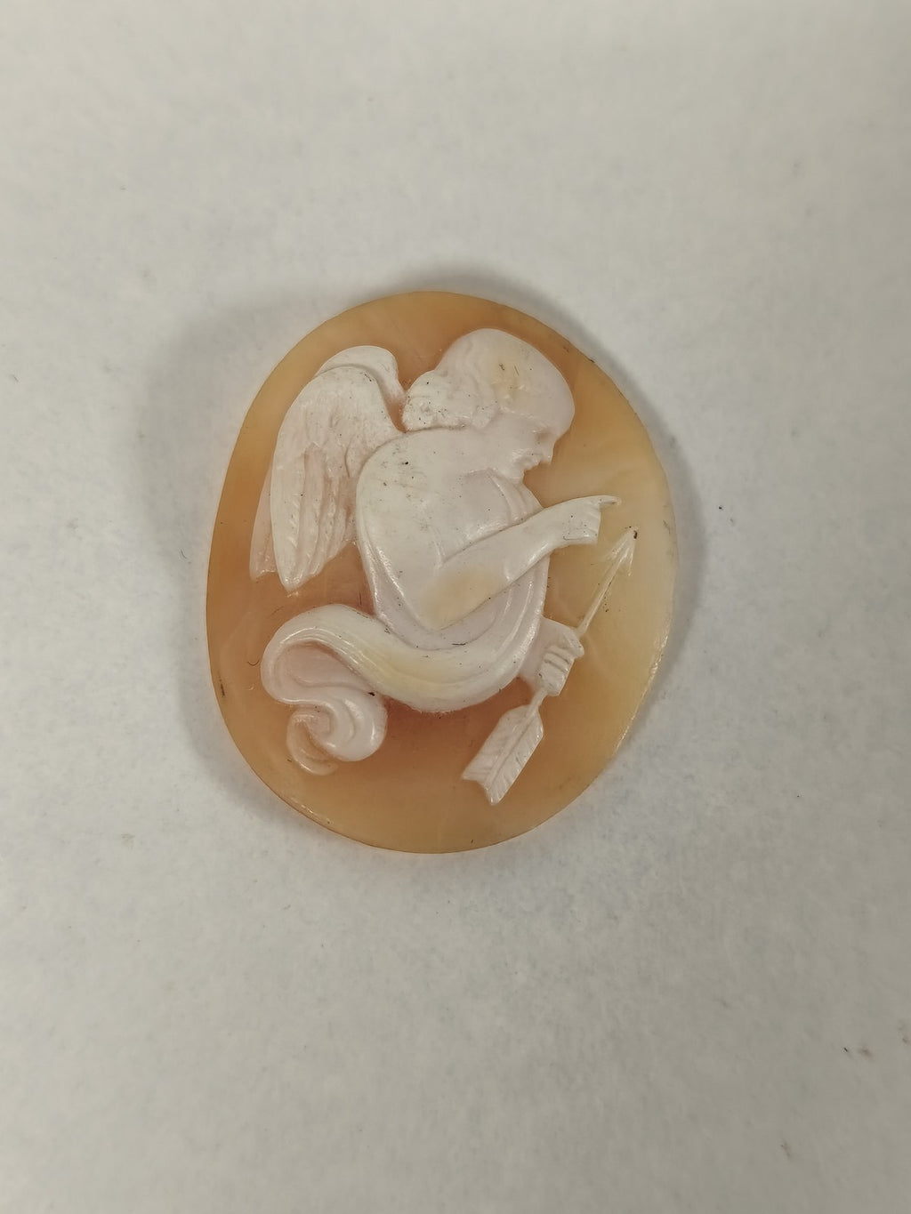 Camée ancien XIXe en coquille sculptée, scène figurée, fond orangé