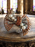 Broche vintage cuivre strass perles style Art déco accessoire bijou ancien