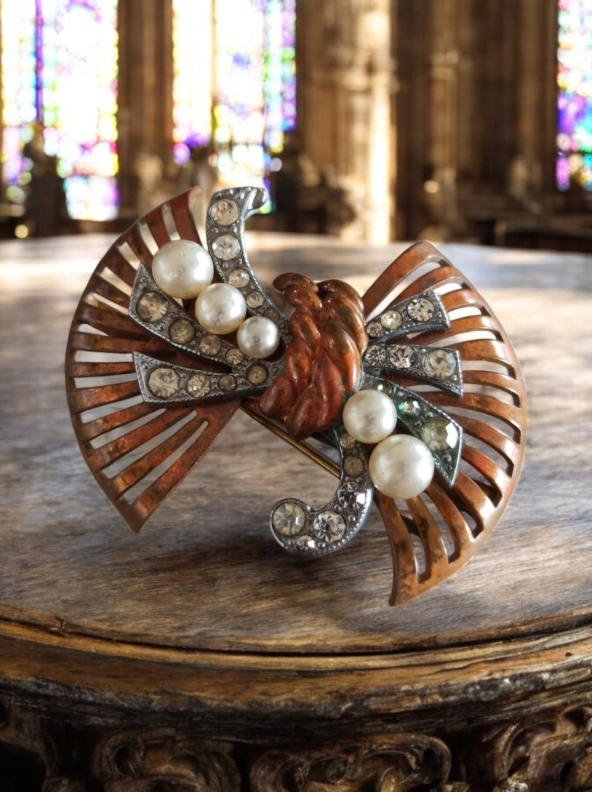 Broche vintage cuivre strass perles style Art déco accessoire bijou ancien