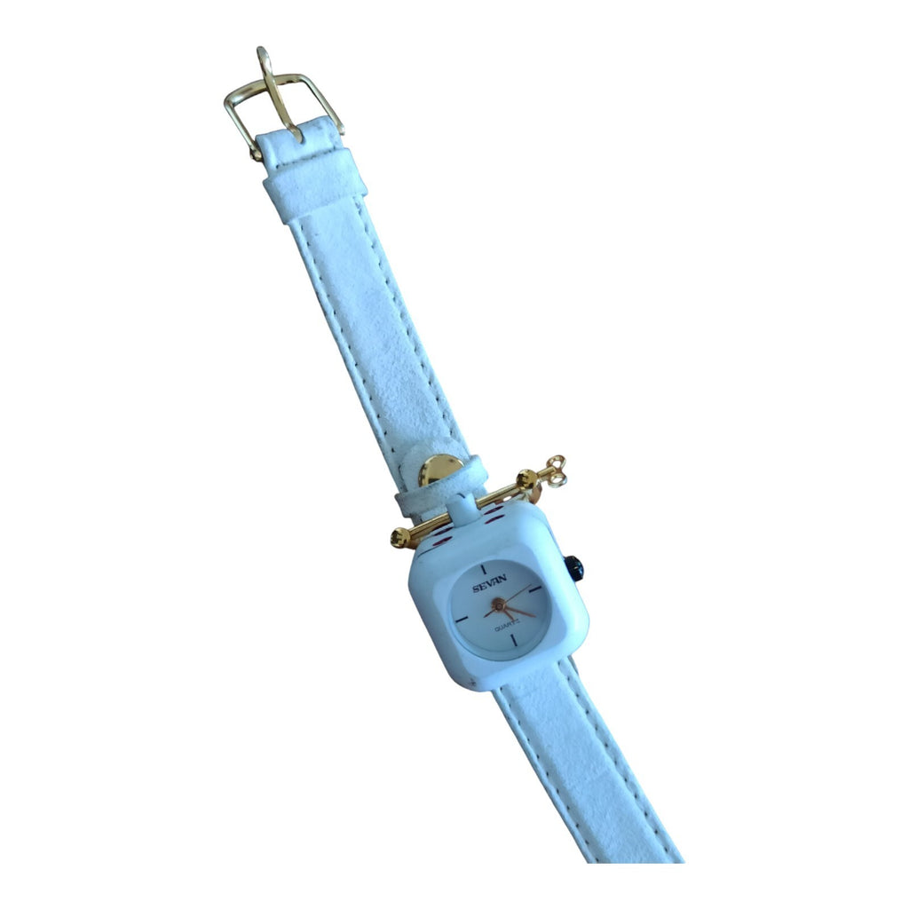 Montre femme SEVAN quartz bleu clair vintage, cadran carré, rare collector