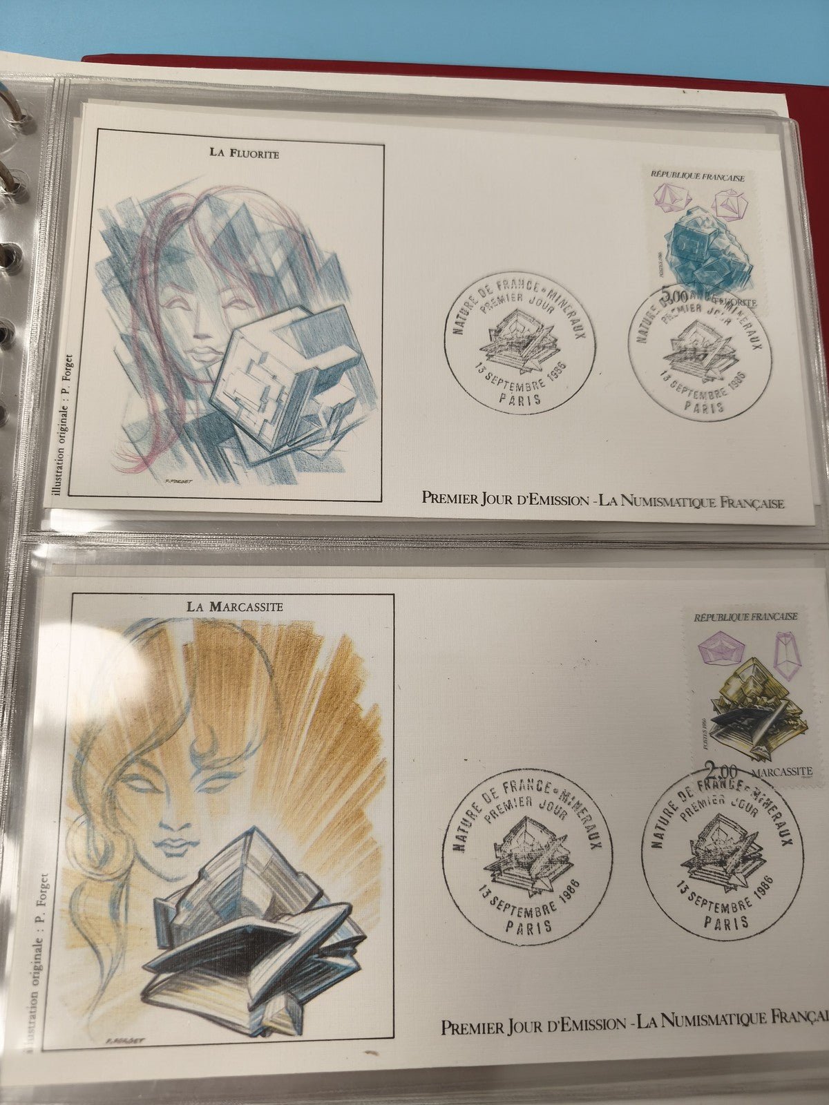 Lot 2 enveloppes FDC premier jour Fluorite Marcassite France timbres minéraux