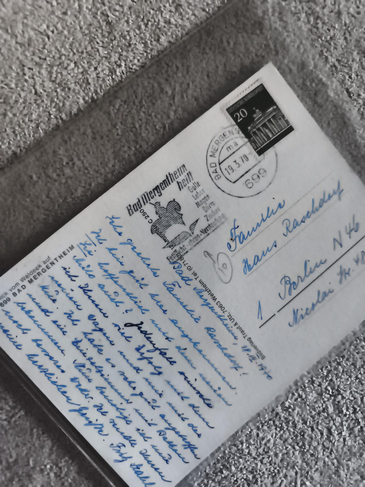 Carte postale Allemagne 1970, timbre 20 Pf, cachet Bad Mergentheim, philatélie