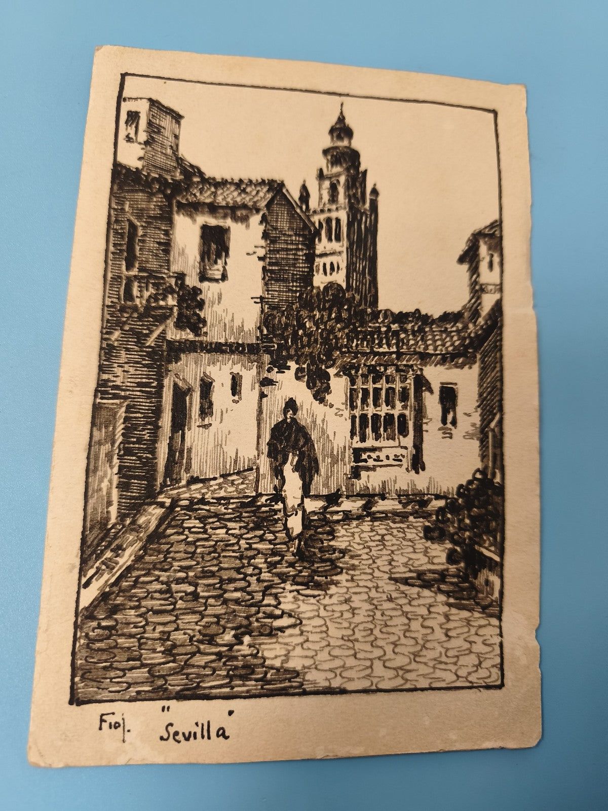 Ancien dessin original Séville rue pavée clocher ambiance vintage Espagne